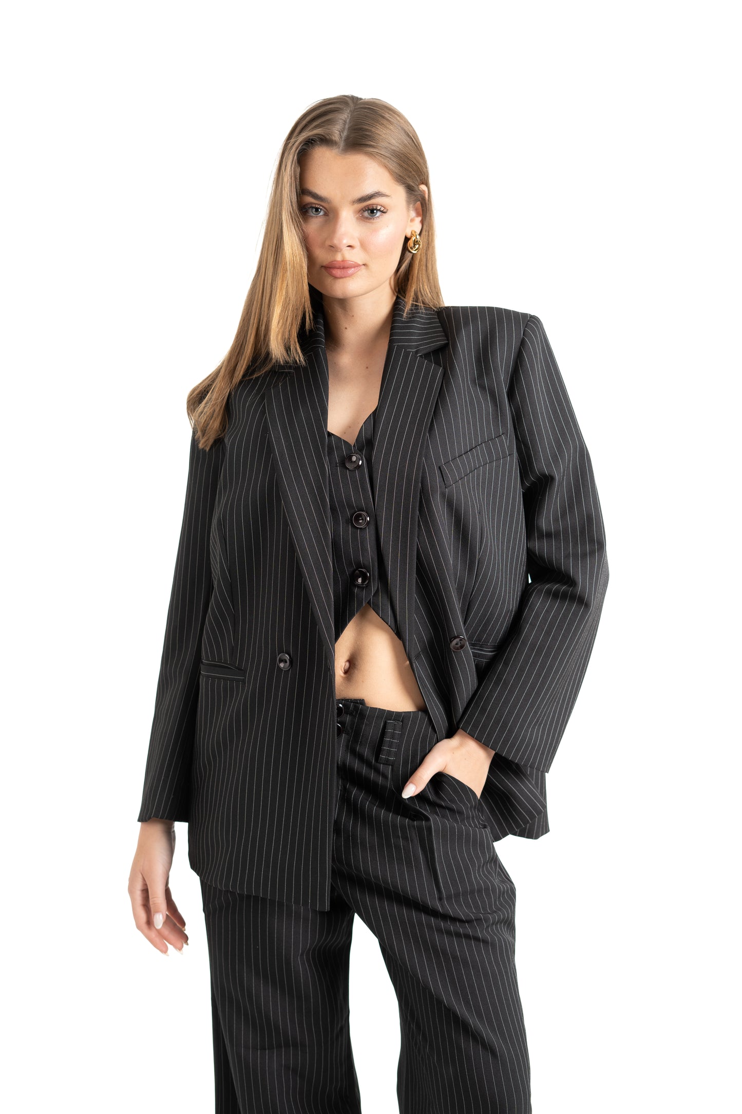 BLACK STRIPED SET BLAZER/VEST/PANTS