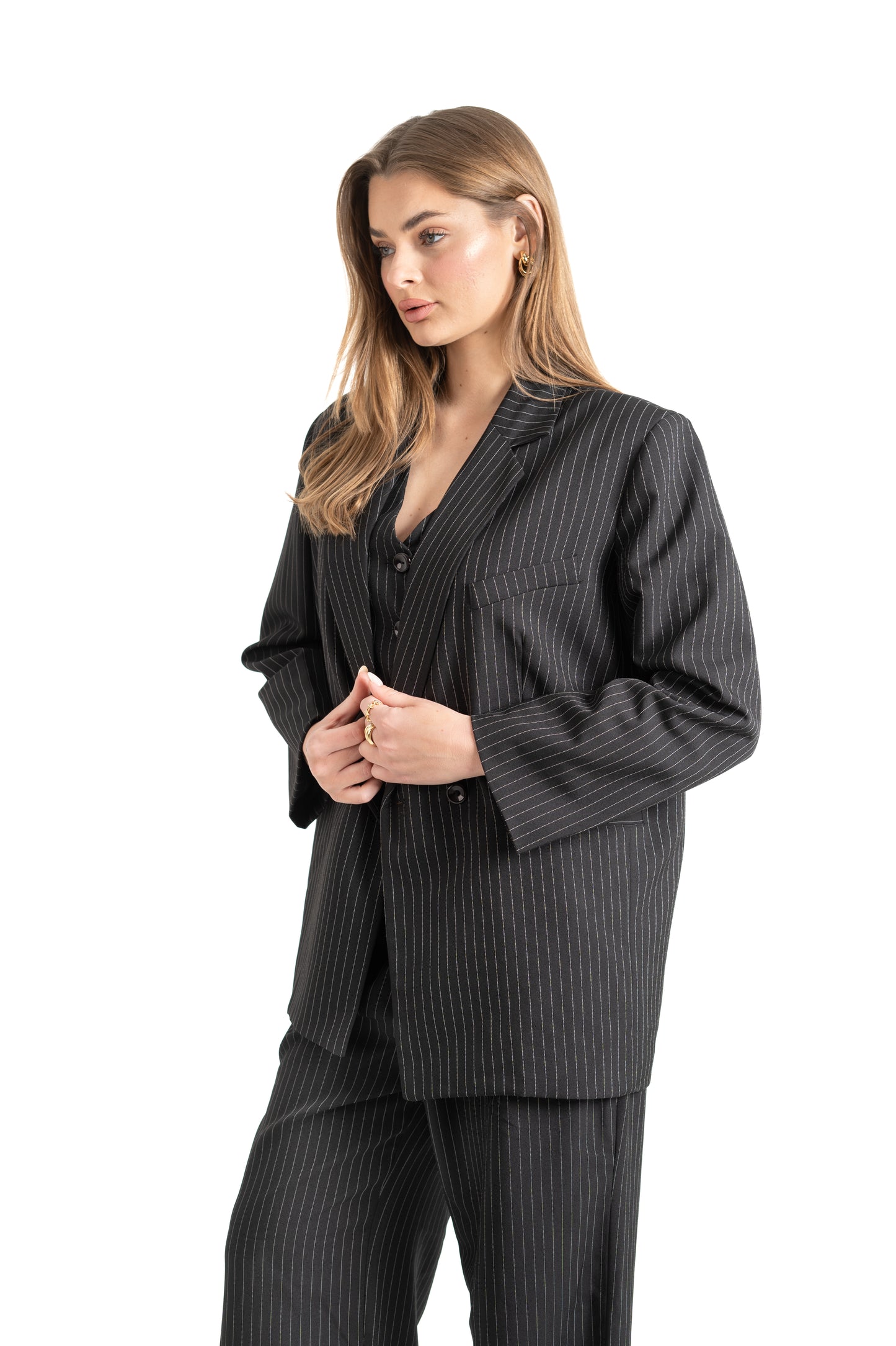 BLACK STRIPED SET BLAZER/VEST/PANTS