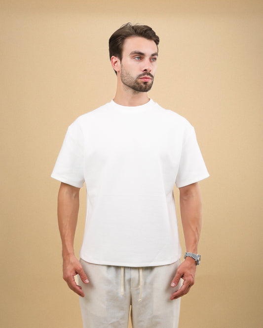 WHITE ROUND TEXTURED T-SHIRT