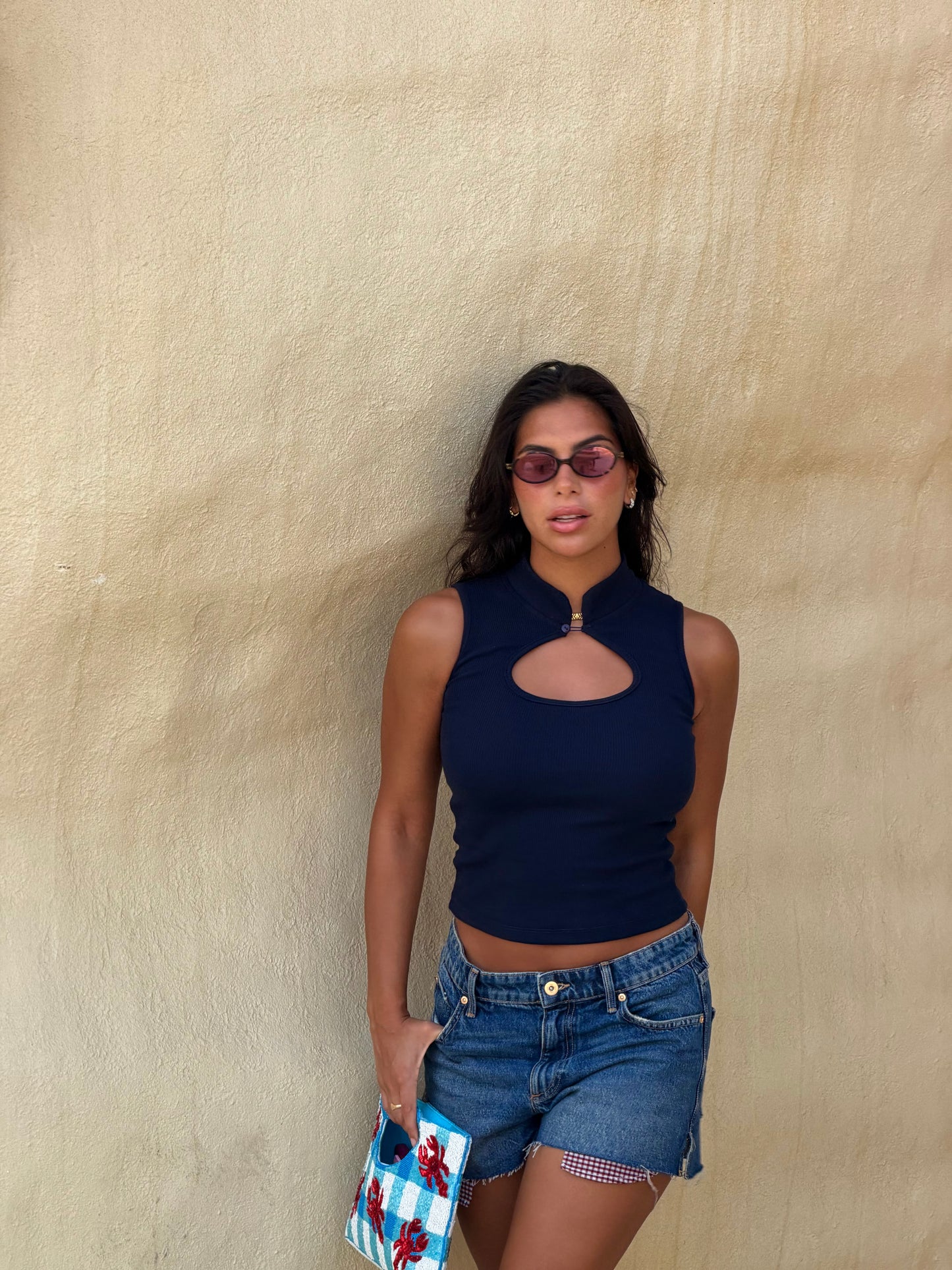 NAVY KYOTO CUTOUT TOP