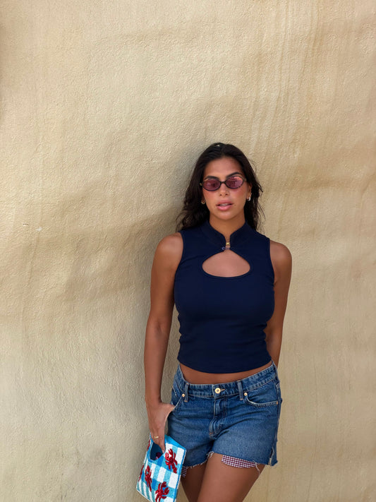 NAVY KYOTO CUTOUT TOP