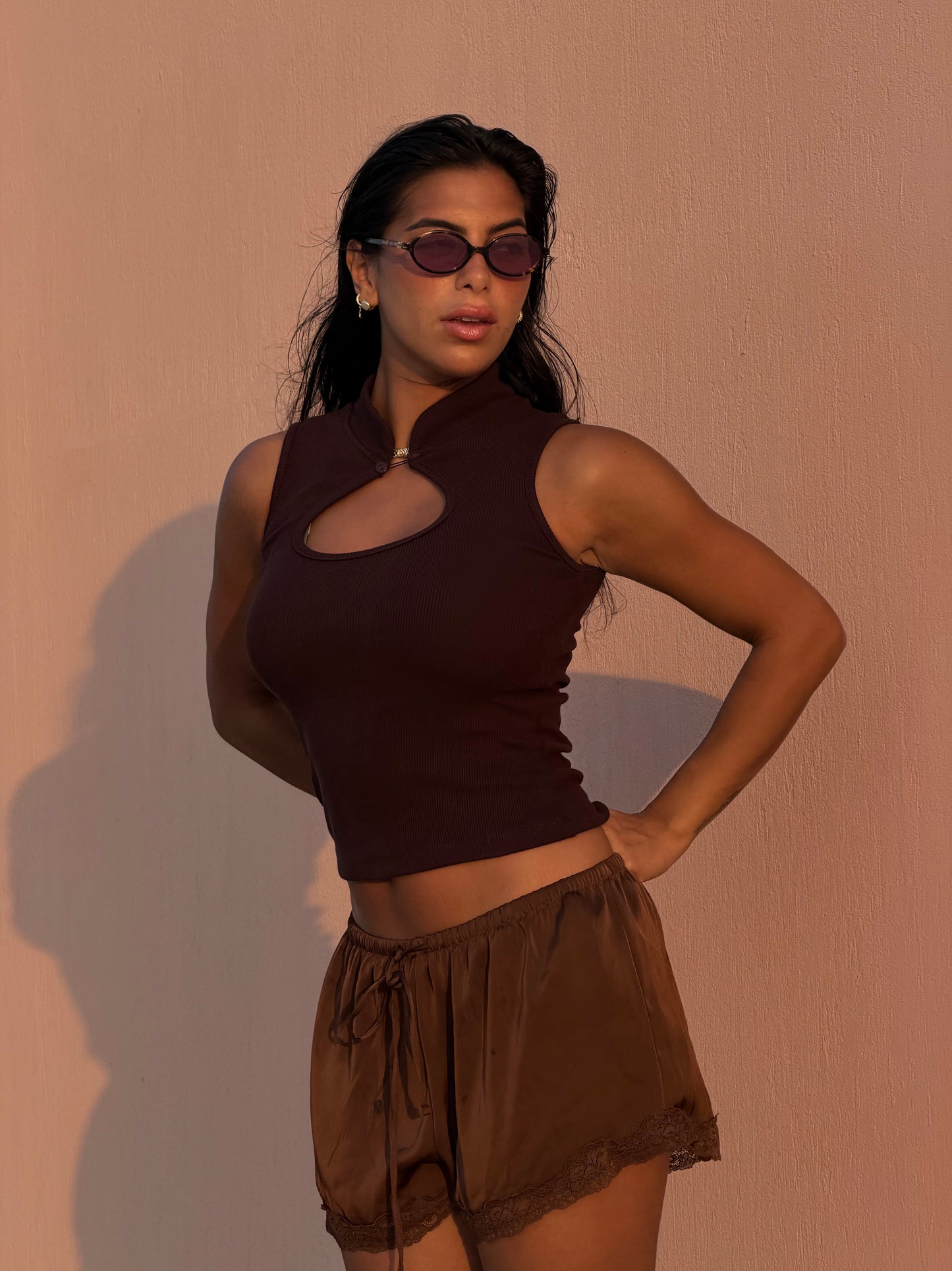 BROWN KYOTO CUTOUT TOP