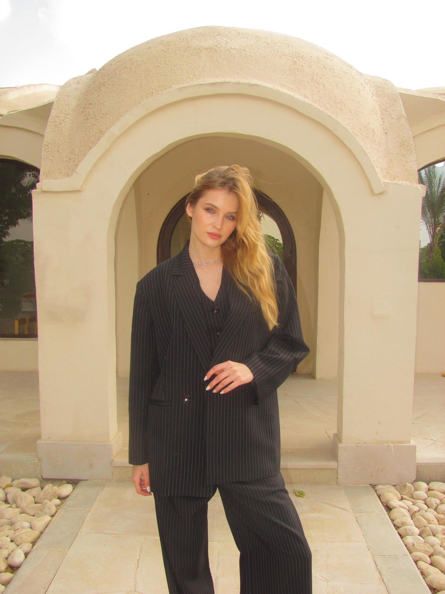 BLACK STRIPED SET BLAZER/VEST/PANTS