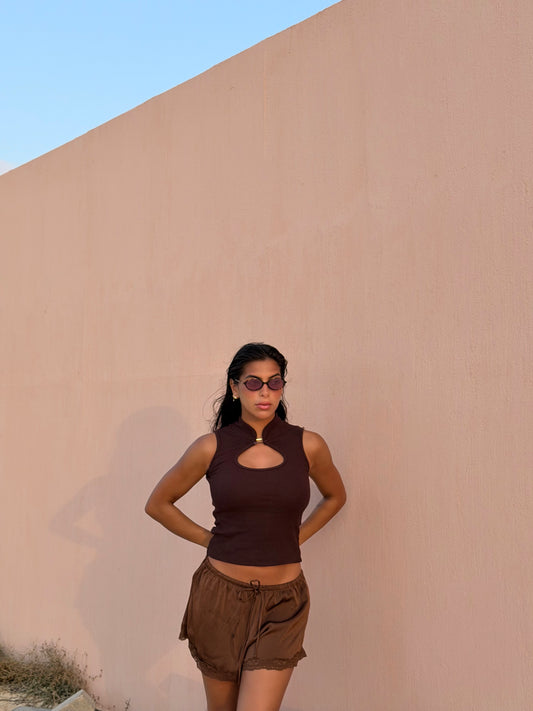 BROWN KYOTO CUTOUT TOP