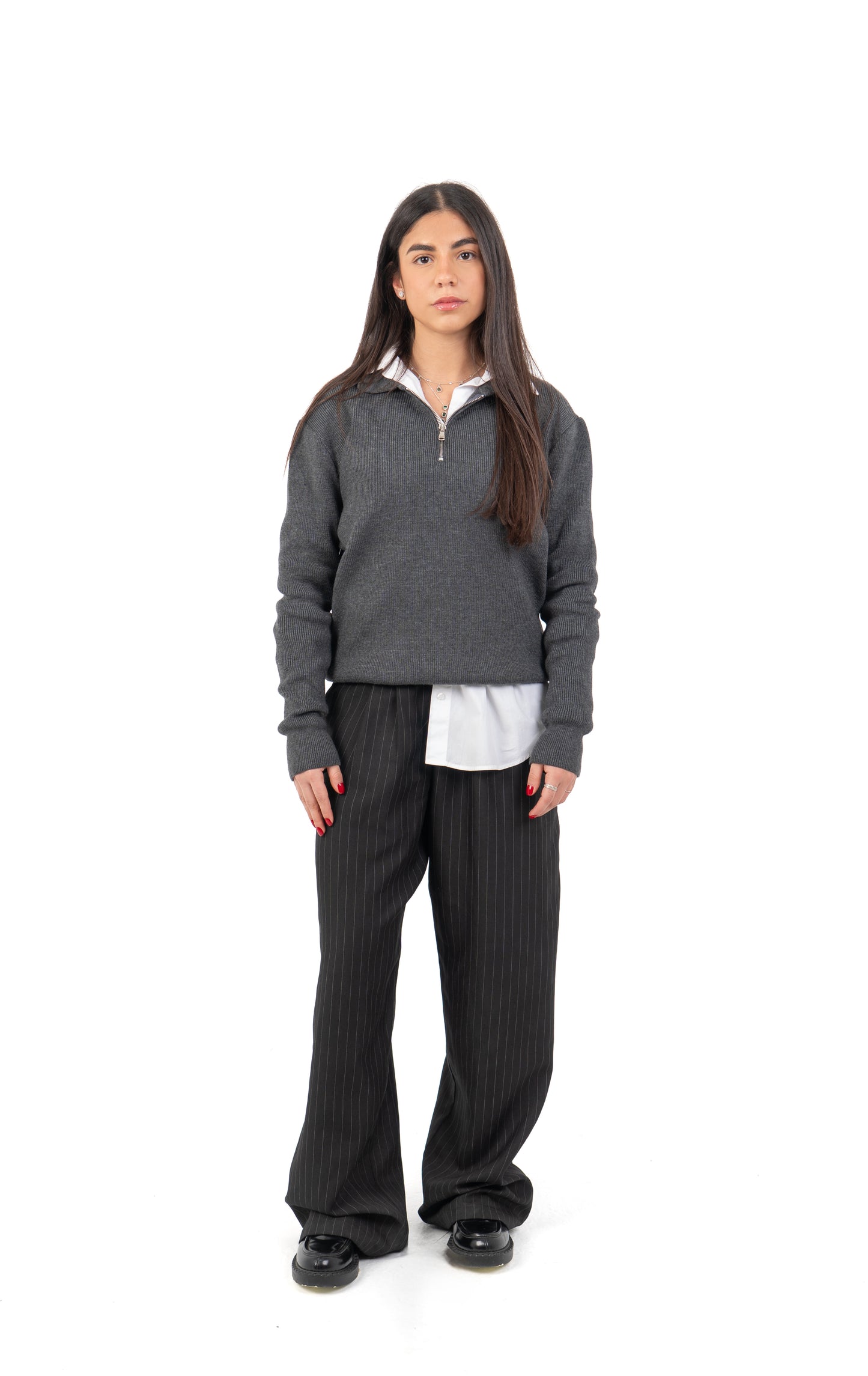 Elegant Charcoal: Women's Grey Quarter-Zipper