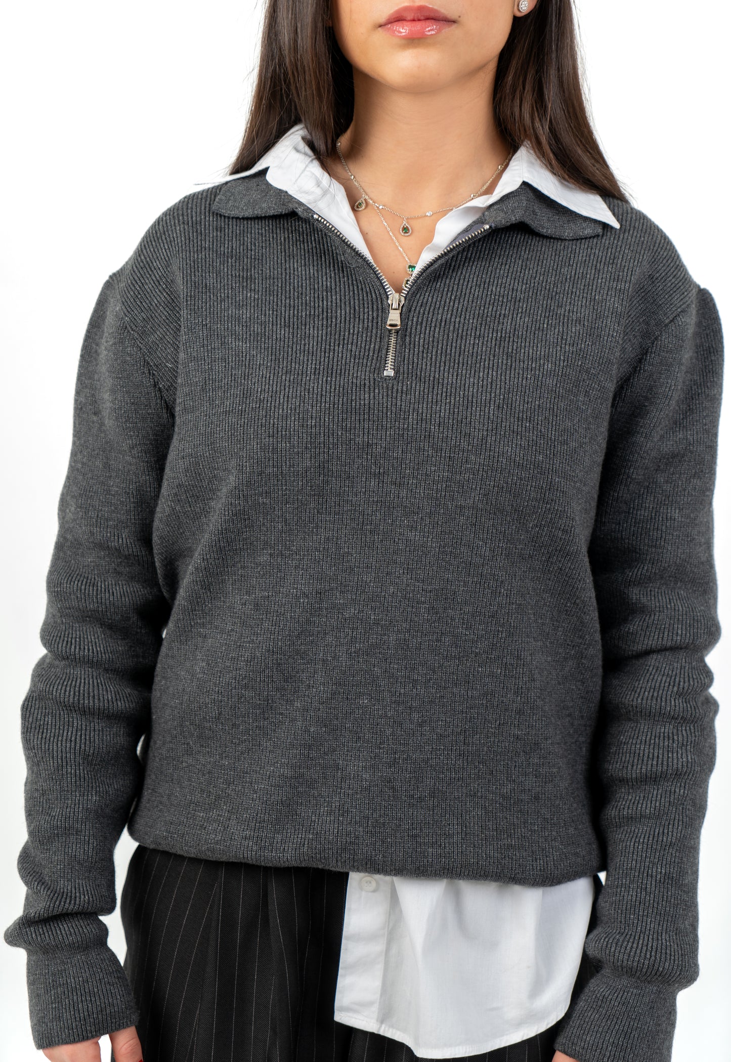 Elegant Charcoal: Women's Grey Quarter-Zipper