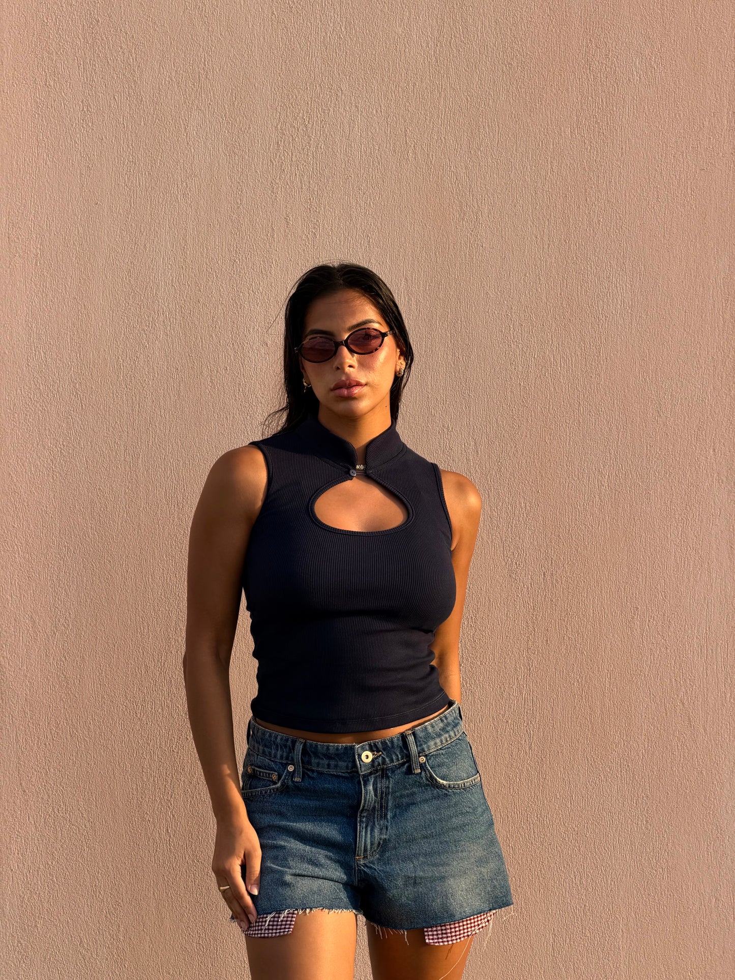 NAVY KYOTO CUTOUT TOP