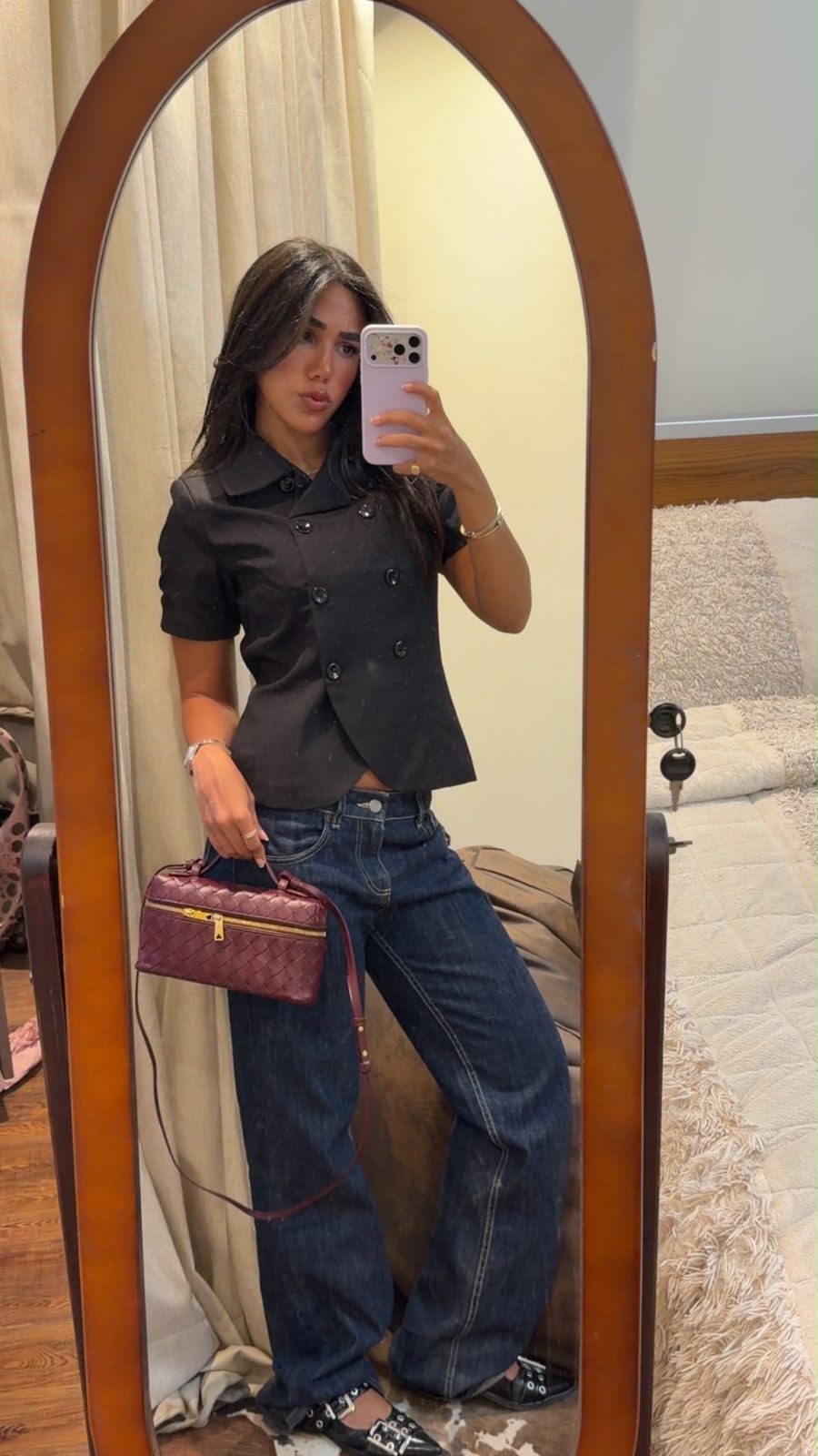 Customer wearing the Short Sleeve Buttons Blazer