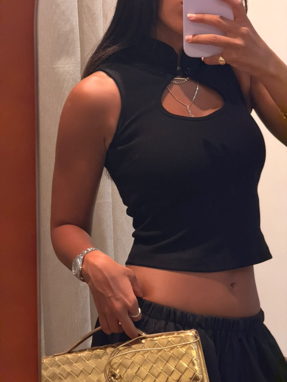 Customer wearing the Black Kyoto Cutout Top